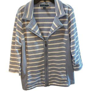 KAREN SCOTT SPORT BLUE AND WHITE STRIPED ZIPPER TOP SLIMMING SIZE SMALL